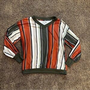 Rust Striped V-neck Polyester Top